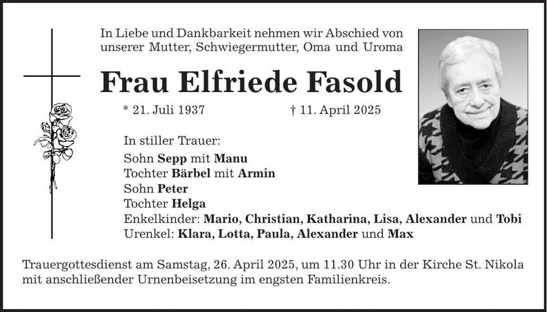 Traueranzeige Elfriede Fasold