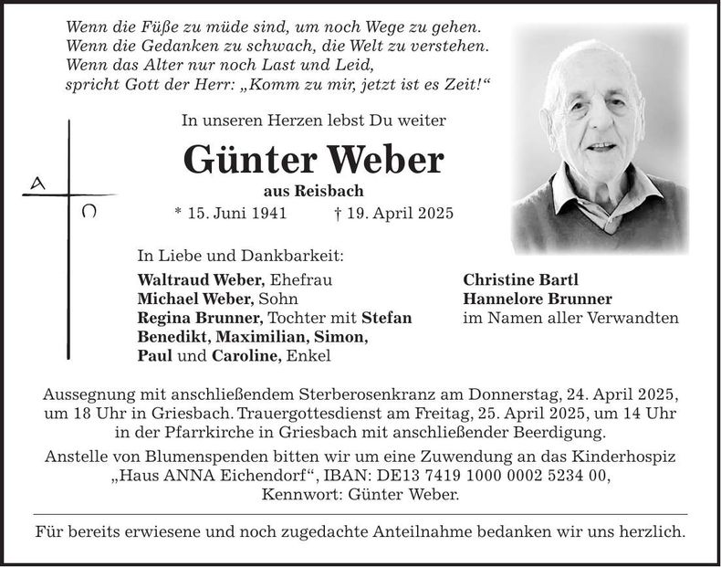 Traueranzeige Günter Weber