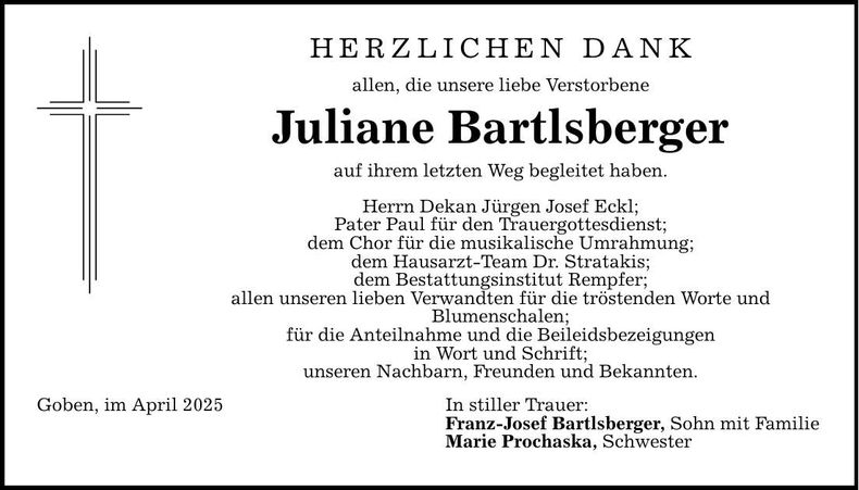 Traueranzeige Juliane Bartlsberger