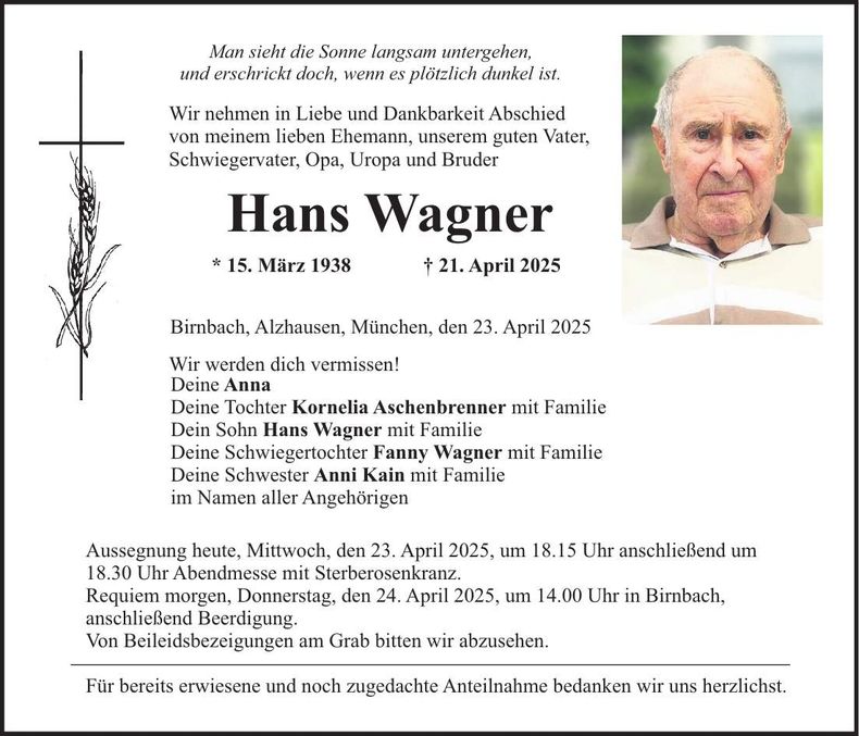 Traueranzeige Hans Wagner