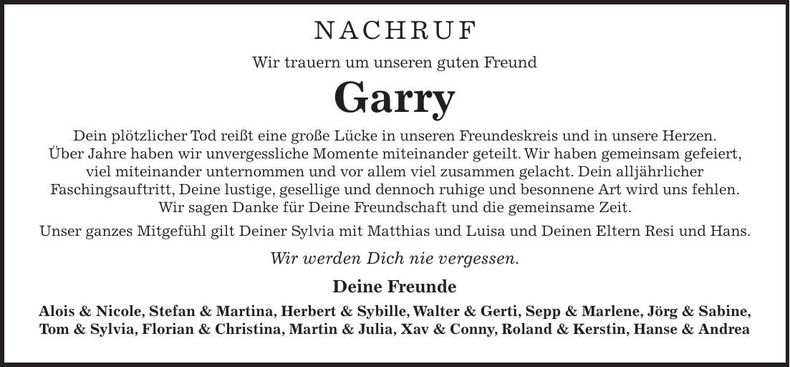 Traueranzeige Gerhard Hanichl