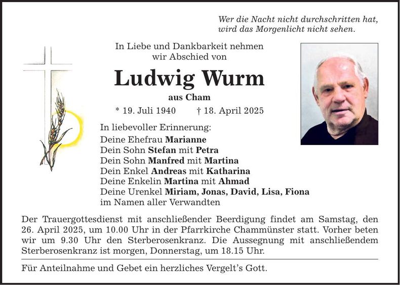 Traueranzeige Ludwig Wurm