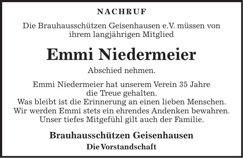 Traueranzeige Emmi Niedermeier