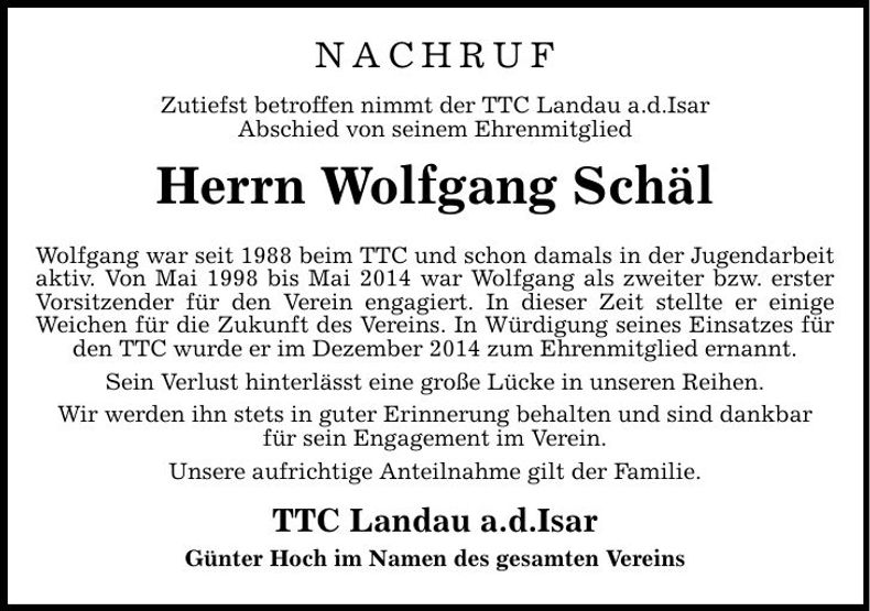 Traueranzeige Wolfgang Schäl