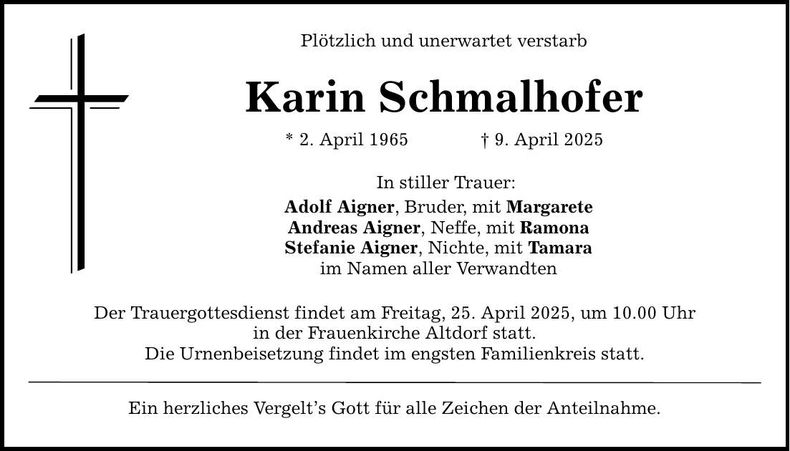 Traueranzeige Karin Schmalhofer