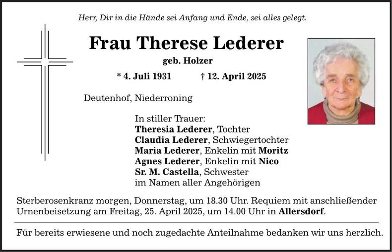 Traueranzeige Therese Lederer