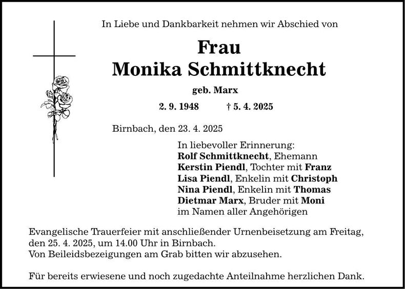 Traueranzeige Monika Schmittknecht