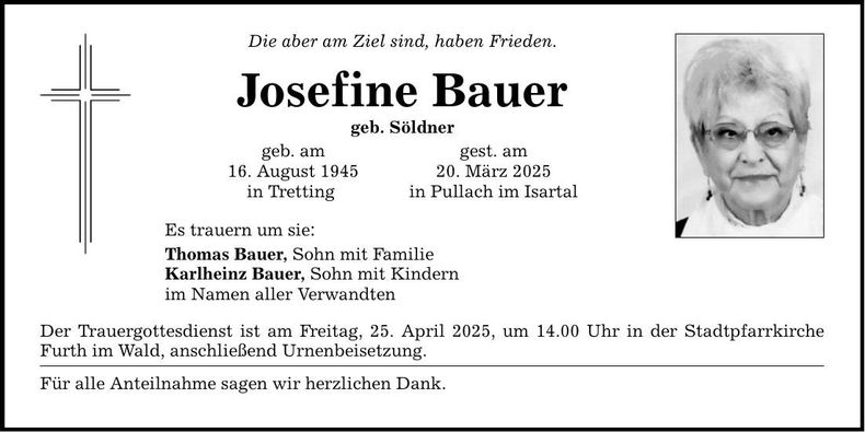 Traueranzeige Josefine Bauer