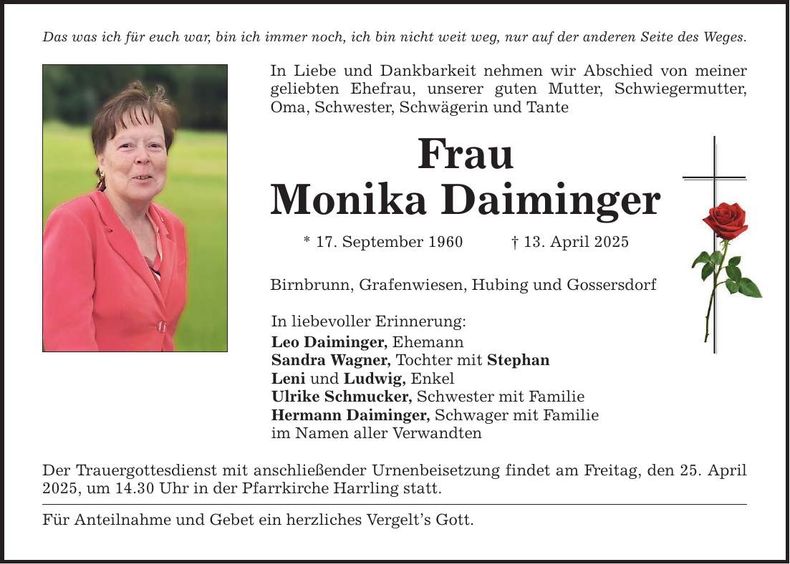 Traueranzeige Monika Daiminger