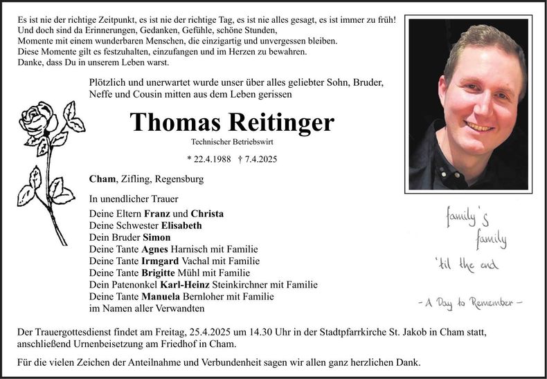 Traueranzeige Thomas Reitinger