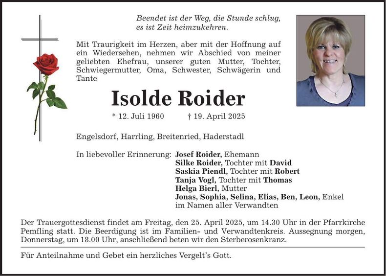 Traueranzeige Isolde Roider