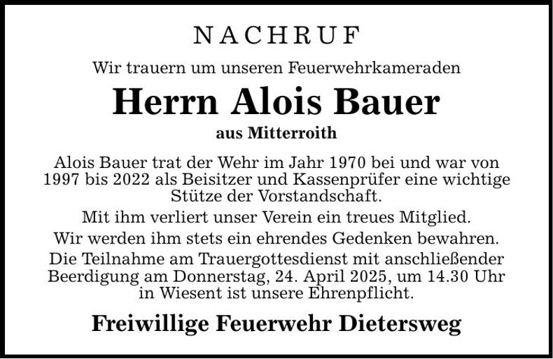 Traueranzeige Alois Bauer