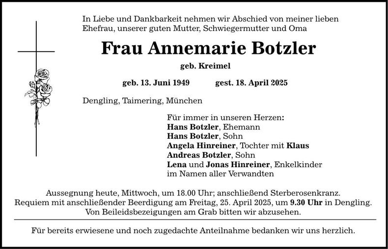 Traueranzeige Annemarie Botzler