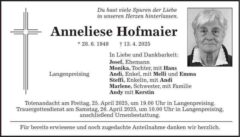 Traueranzeige Anneliese Hofmaier