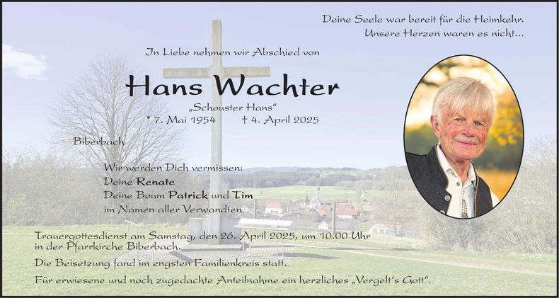 Traueranzeige Hans Wachter