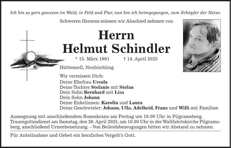 Traueranzeige Helmut Schindler