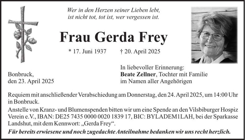 Traueranzeige Gerda Frey