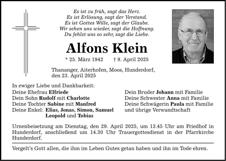 Traueranzeige Alfons Klein
