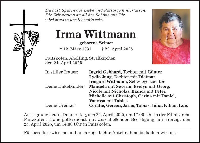 Traueranzeige Irma Wittmann