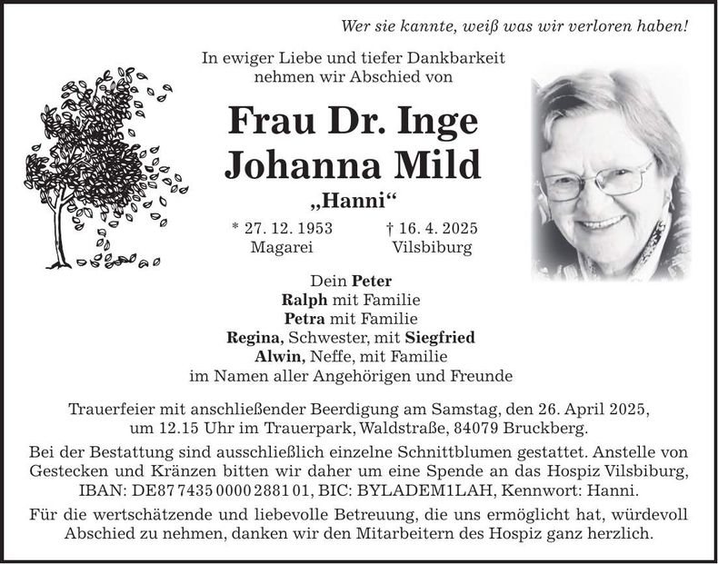 Traueranzeige Johanna Mild