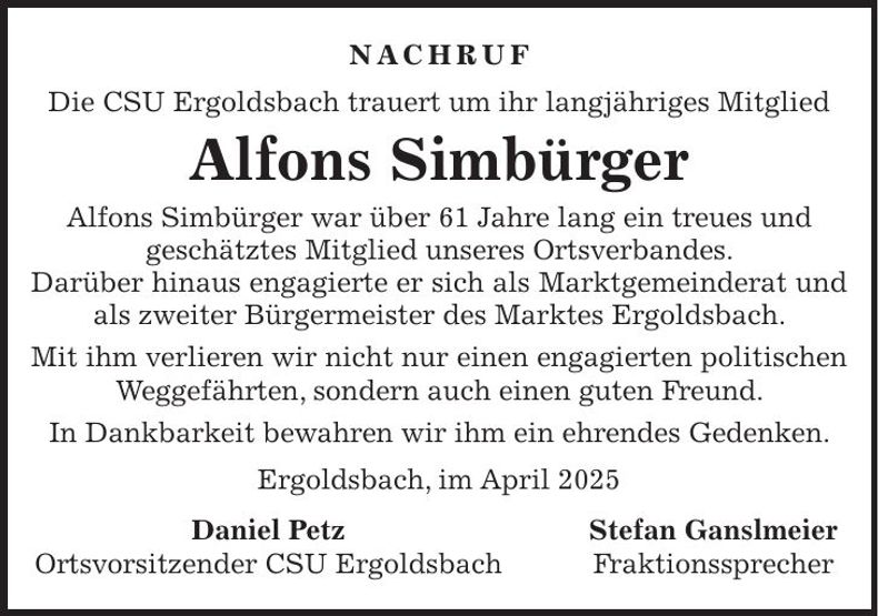 Traueranzeige Alfons Simbürger