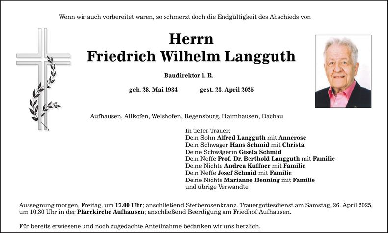 Traueranzeige Friedrich Wilhelm Langguth