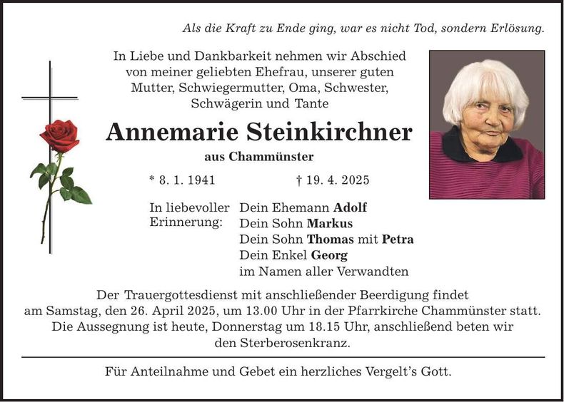 Traueranzeige Annemarie Steinkirchner