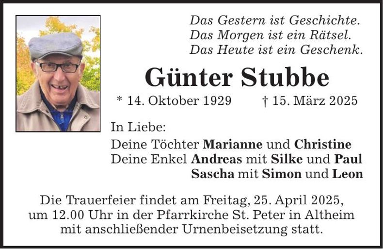 Traueranzeige Günter Stubbe