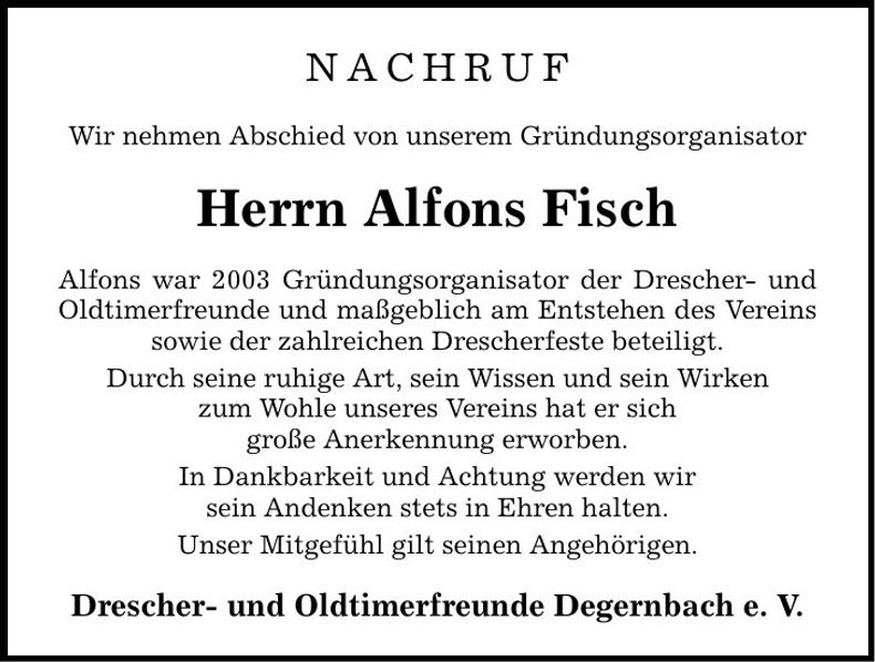 Traueranzeige Alfons Fisch