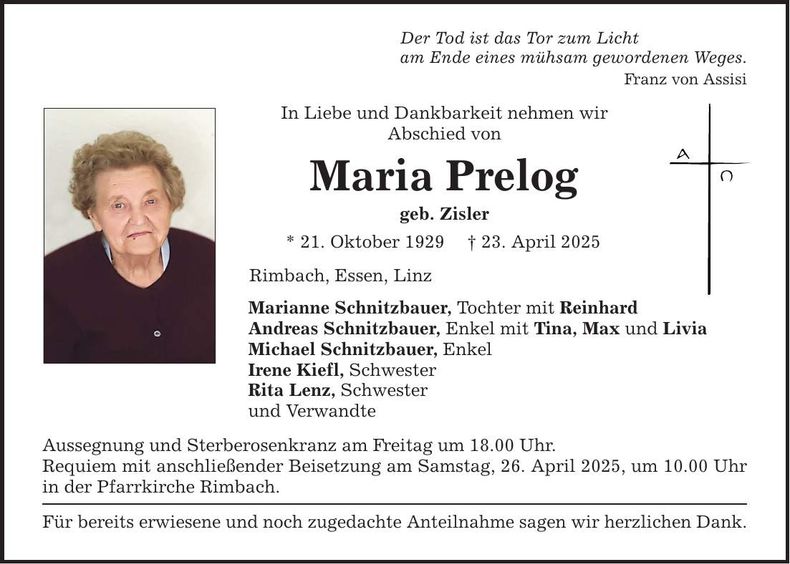 Traueranzeige Maria Prelog