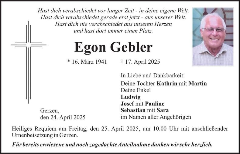 Traueranzeige Egon Gebler