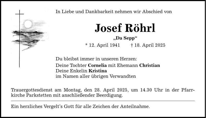 Traueranzeige Josef Röhrl