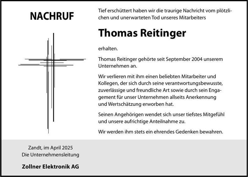 Traueranzeige Thomas Reitinger