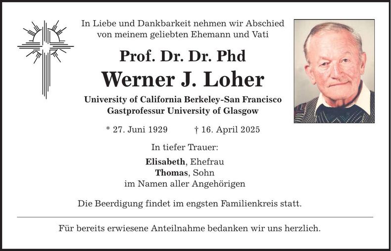 Traueranzeige Werner J. Prof. Dr.Dr. Phd Loher