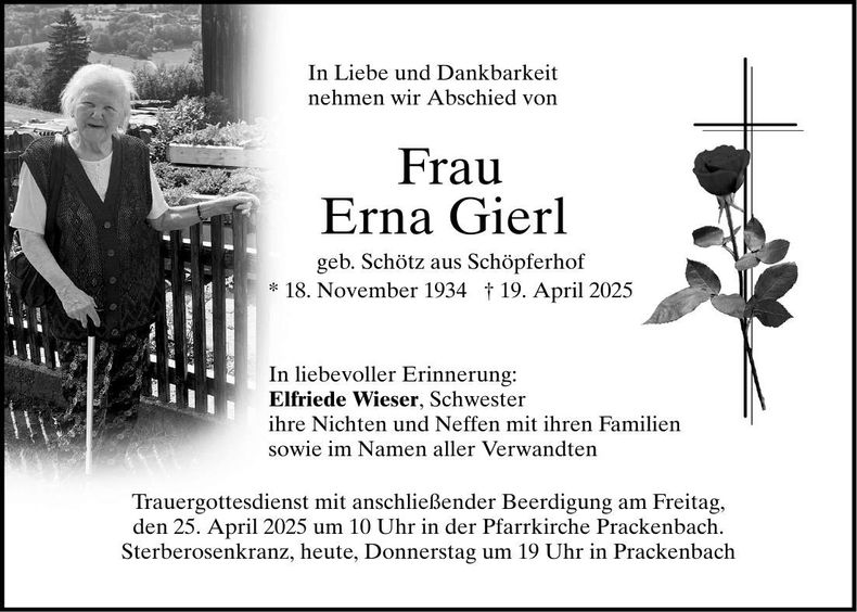 Traueranzeige Erna Gierl