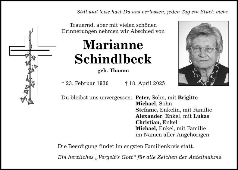 Traueranzeige Marianne Schindlbeck