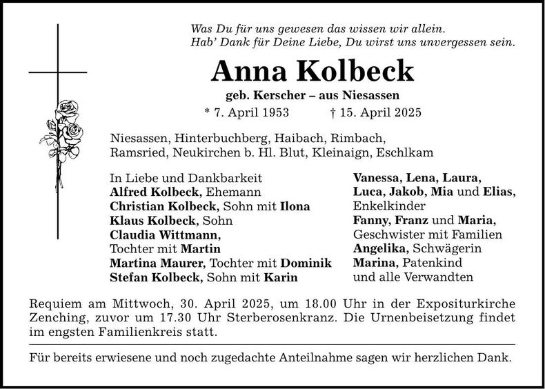 Traueranzeige Anna Kolbeck