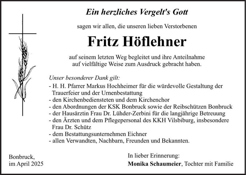 Traueranzeige Fritz Höflehner