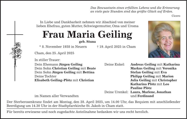 Traueranzeige Maria Geiling
