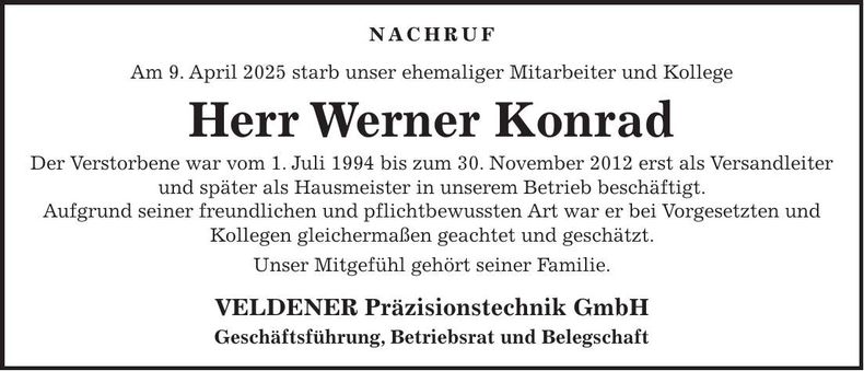 Traueranzeige Werner Konrad