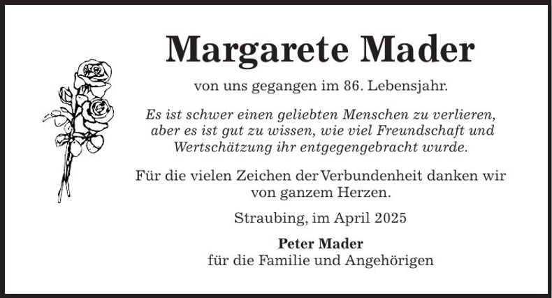 Traueranzeige Margarete Mader