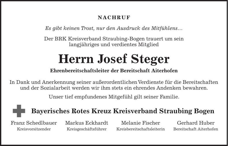 Traueranzeige Josef Steger
