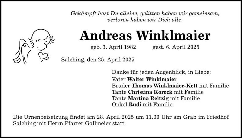 Traueranzeige Andreas Winklmaier
