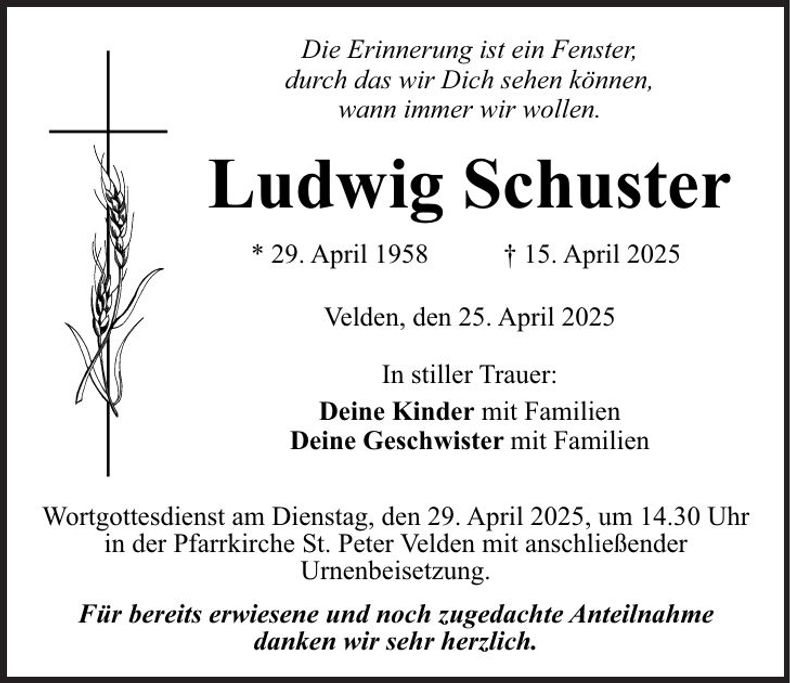 Traueranzeige Ludwig Schuster