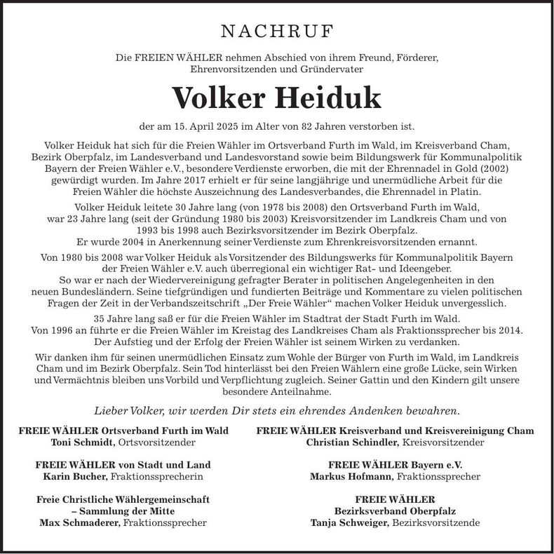 Traueranzeige Volker Heiduk