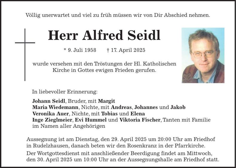 Traueranzeige Alfred Seidl