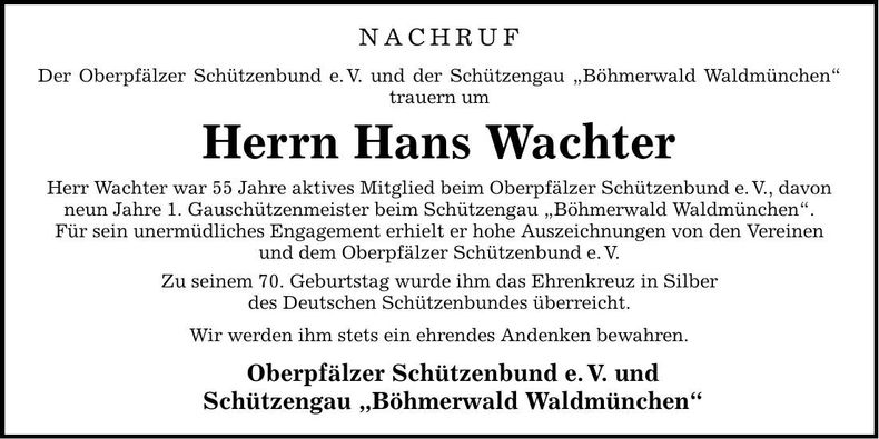 Traueranzeige Hans Wachter