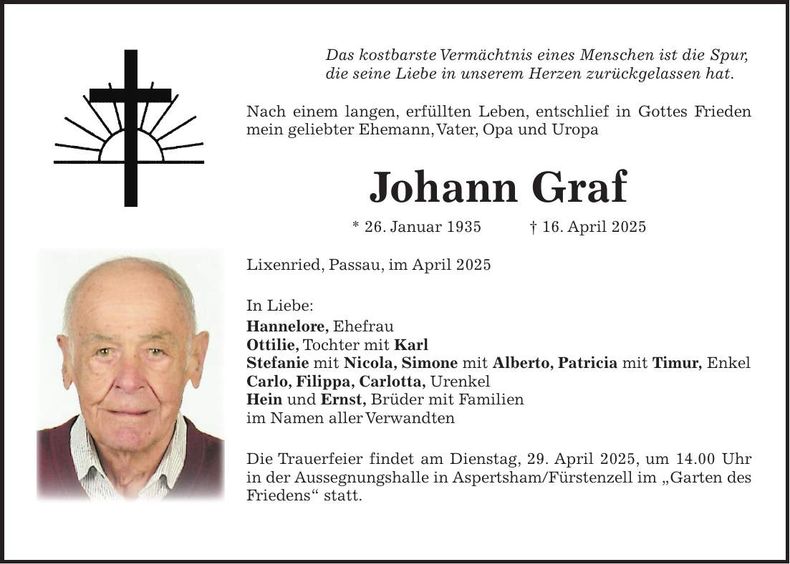 Traueranzeige Johann Graf