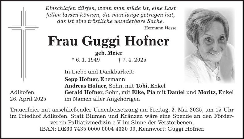 Traueranzeige Guggi Hofner