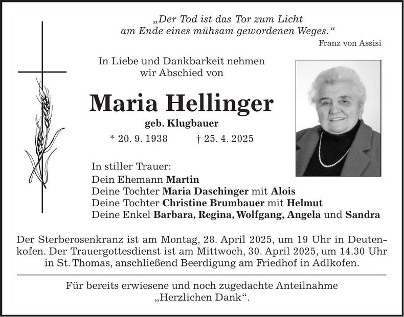 Traueranzeige Maria Hellinger